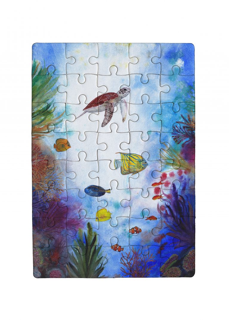 Unfinished red with white jigsaw puzzle pieces on blue background